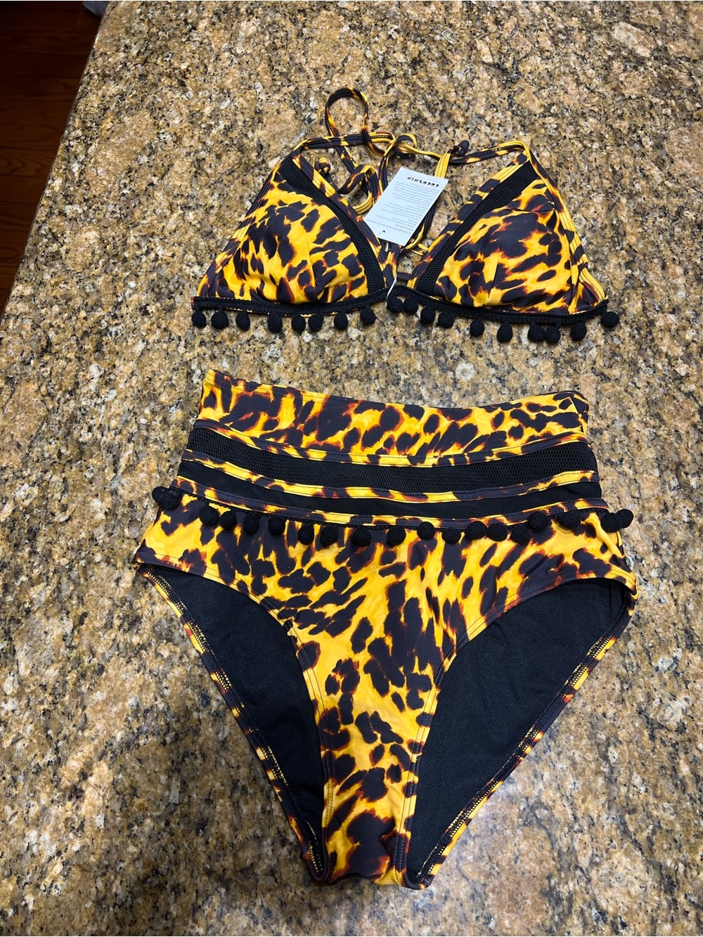Leopard Print Pom Trim Bikini Set - Yellow & Black